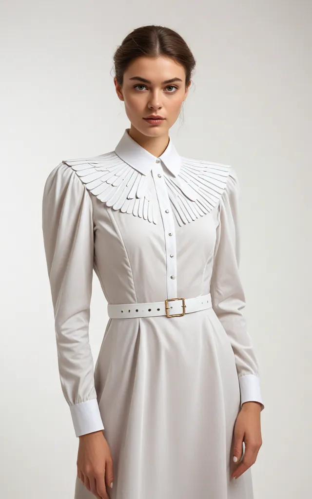 A European female model wearing a dress with a Wing   tip collar, white background, bust portrait